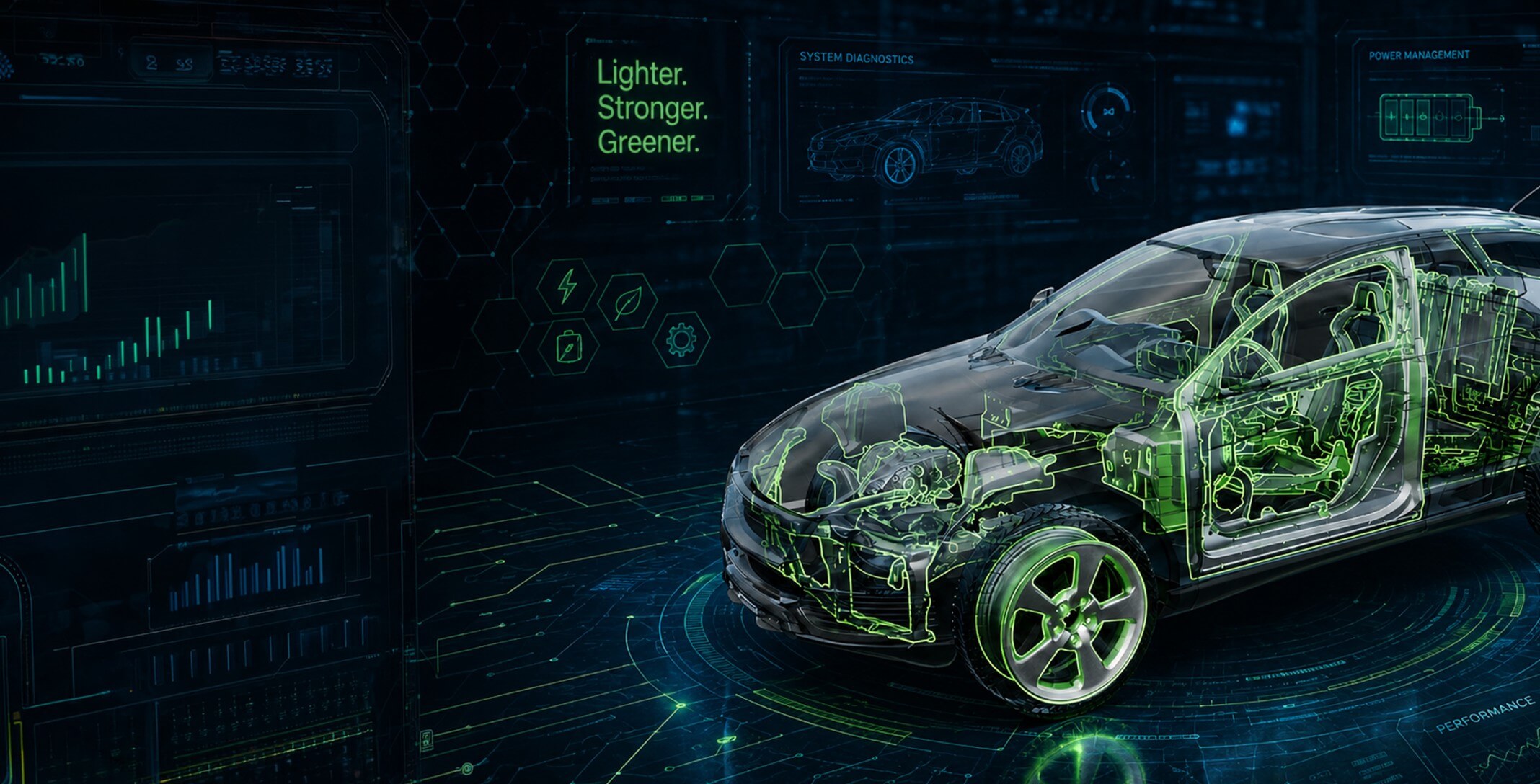 Digital rendering of a lightweight vehicle showing its structural frame