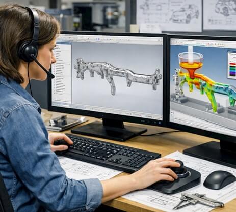 Meridian engineer reviewing a casting simulation on dual monitors